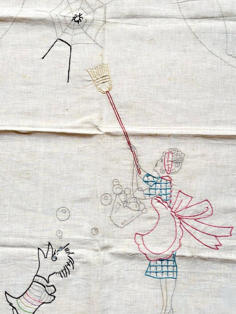 Vtg 1920s Housewife Stamped Apron Embroidery Pattern Spider Dog Partially Done